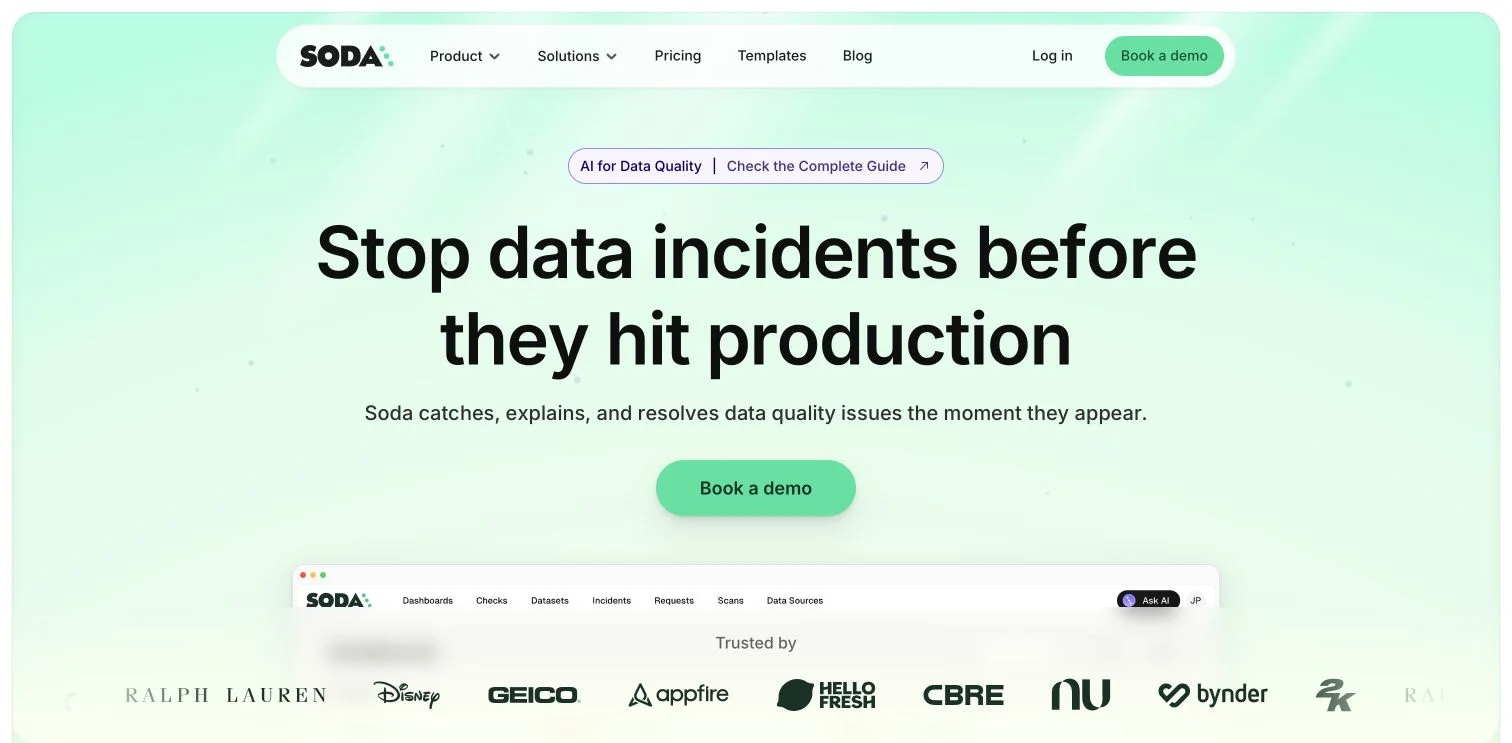 Soda homepage describing automated detection and resolution of data incidents