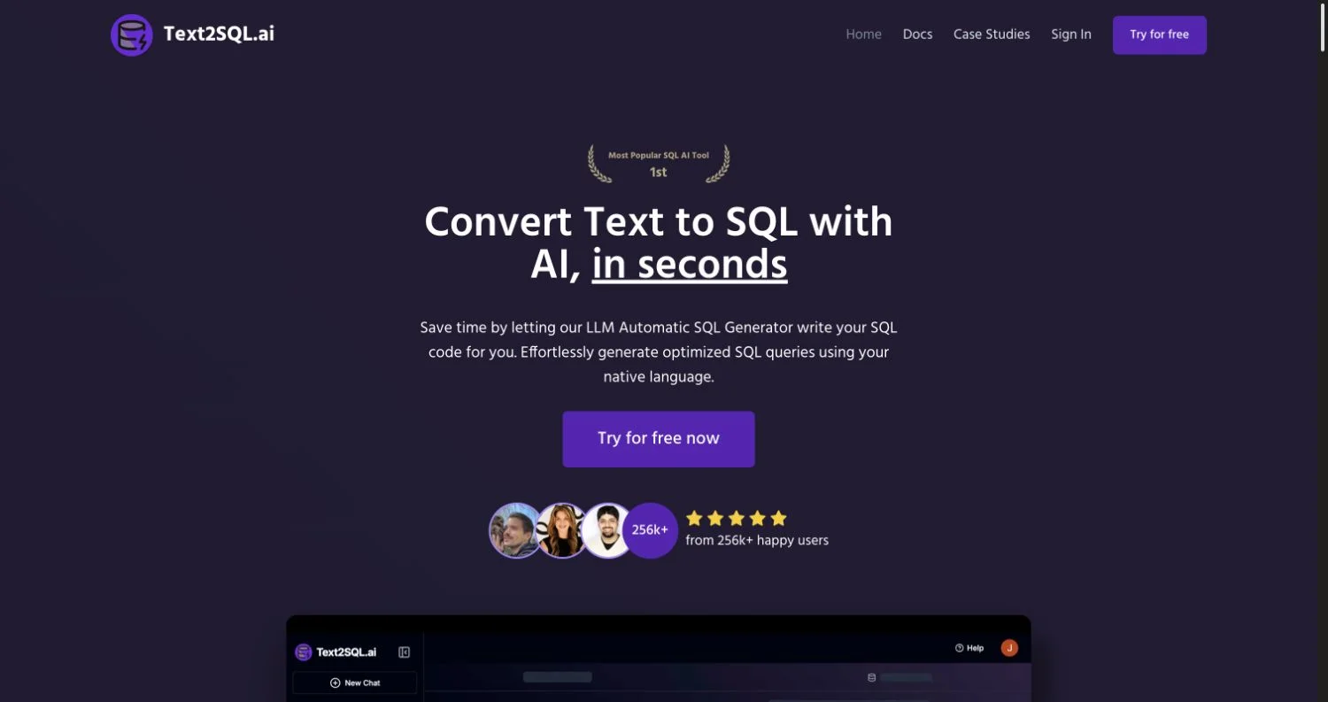 Text2SQL.ai homepage presenting its text-to-SQL generator